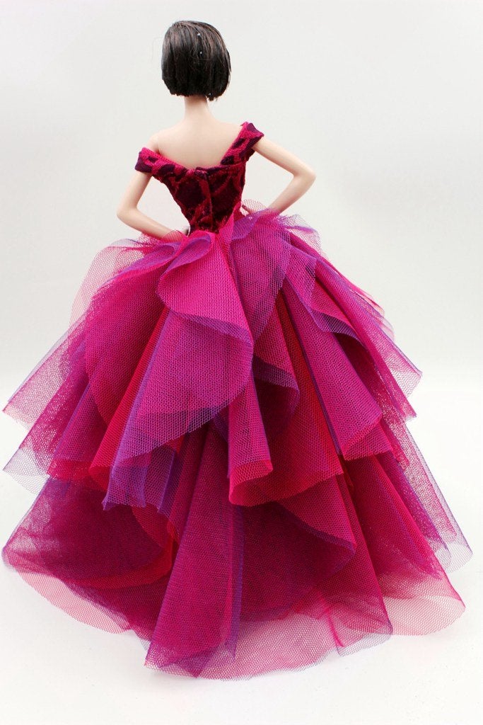 Cora Gu Handmade Classic Off Shoulder Fuchsia Rose Lace Dress Wedding Gowns Fit for 12" Fashion Doll & Doll's not Included - Image 3